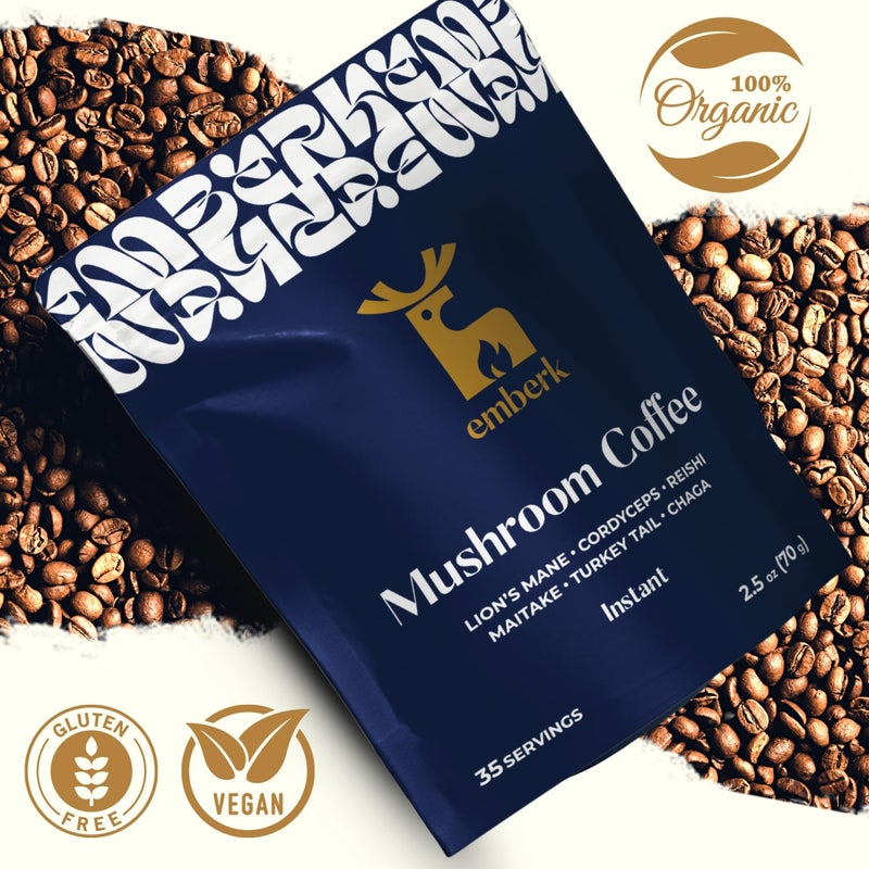 Emberk Organic Instant Mushroom Coffee - 35 Servings of Arabica Coffee with Six 100% Fruiting Body Mushrooms for Mental Clarity, Sustained Energy, Gut Health and Immune Support - 70g - Image 5